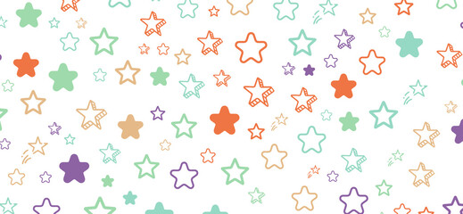 A scattered pattern of colorful star shapes with varying sizes on a white background.