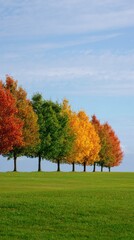 Naklejka premium Autumnal trees in a row, vibrant colors against a clear sky
