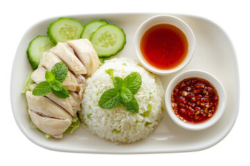  Hainanese chicken rice with cucumber on transparent background