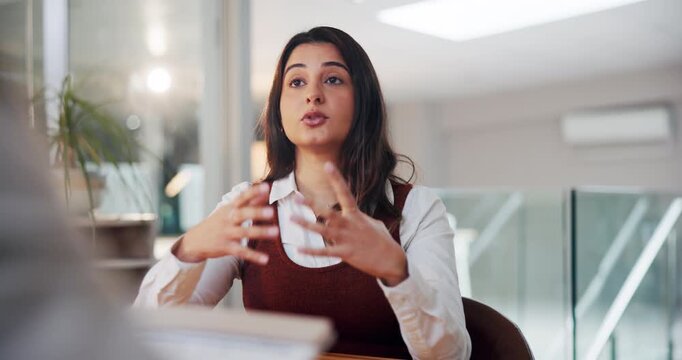 Interview, business and woman in office with clipboard, HR discussion or screening in recruitment. Corporate, feedback and candidate in workplace with conversation, review or meeting for shortlisting