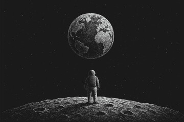 Black and white dotwork illustration of an astronaut standing on the Moon and looking at planet Earth. Hand-drawn stippling style, detailed engraving effect, monochrome space art