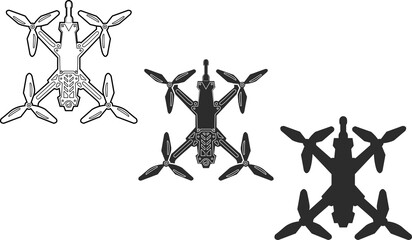 Set of aerial drone FPV icons in three versions. FPV drone icon in black color.