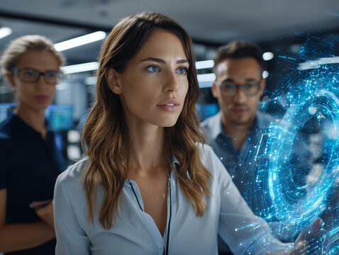 Software engineers developing innovative futuristic user interface using augmented reality hologram