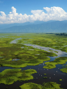 Deepor beel wetland forming a green plain with the himalayas in background