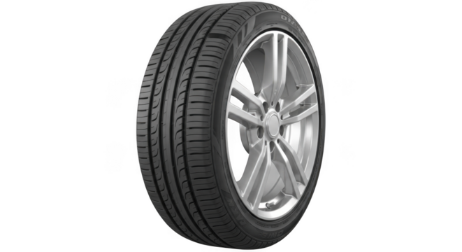 Close-up view of a new high-performance car tire and rim with detailed tread patterns