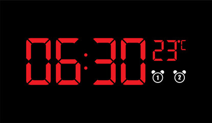 Red digital clock displaying the time 06:30 and a temperature of 23 degrees Celsius, with alarm icons.