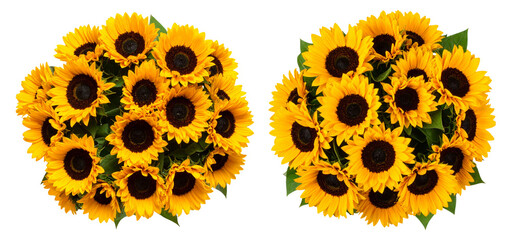 set of top view of beautiful sunflower bouquet isolated on white