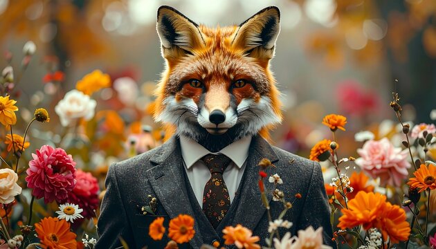 A fox head superimposed on a man in a suit amidst vibrant flowers