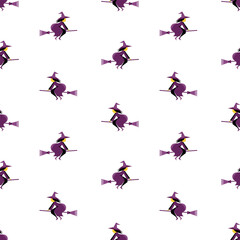 Seamless Halloween pattern with flying witches on broomsticks, festive cartoon design
