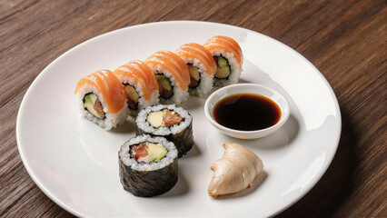 Delicious sushi set on white plate, served with soy sauce and ginger. Japanese cuisine concept.