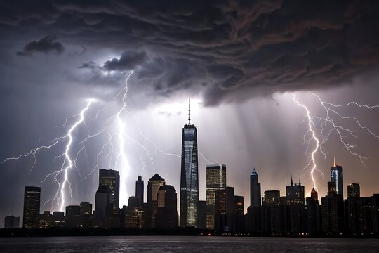 Dramatic cityscape with lightning strikes over skyscrapers during a powerful thunderstorm