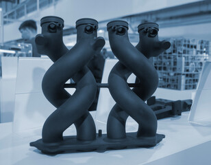 Object printed on 3D printer from molten plastic powder close-up. Model of black color printed on 3D printer from melted polyamide powder. Modern additive 3D printing technology. Multi Jet Fusion MJF