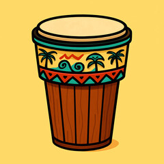 Vibrant vector art of a wooden tribal hand drum with colorful ethnic decorations on a yellow background