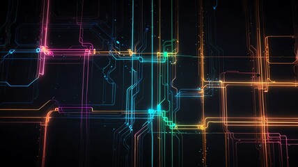 Fototapeta premium Abstract digital network with glowing colorful lines on dark background.