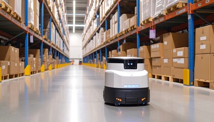 Autonomous robot navigating a large warehouse, moving between rows of stacked cardboard boxes on shelving. The modern warehouse is well-lit with a focus on automation