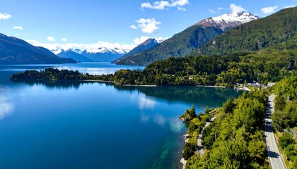 Fototapeta premium An aerial shot captures a scenic landscape featuring a serene lake reflecting the sky and surrounding mountains with snow-capped peaks
