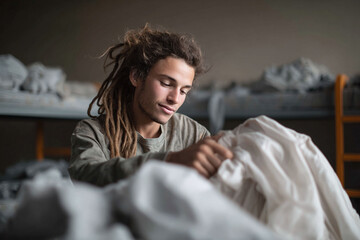 Young man with dreadlocks makes bed in hostel. Serene and thoughtful, lifestyle concept. Authentic, genuine moment, perfect for travel or youthful narratives.