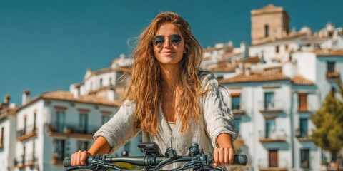Young woman with long hair wearing sunglasses is confidently riding a bicycle in a picturesque village, showcasing a vibrant lifestyle and outdoor adventure spirit
