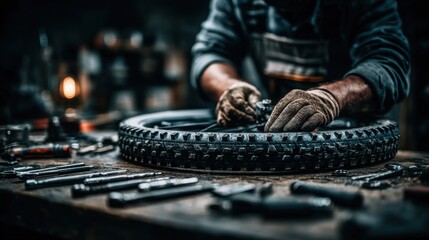 Skilled mechanic working on a motorcycle tire in a dimly lit workshop, surrounded by various tools, showcasing craftsmanship and attention to detail in a focused environment