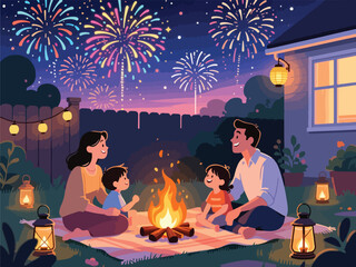 Family Enjoying Guy Fawkes Night in Their Backyard with Bonfire and Fireworks - Flat Illustration Vector