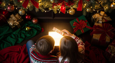 Children peering into illuminated gift boxes in front of a Christmas tree seen from above