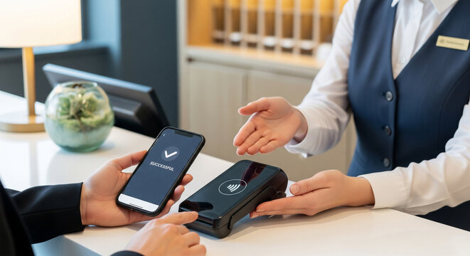 Hotel staff explaining contactless cashless payment on smartphones and a customer completing payment