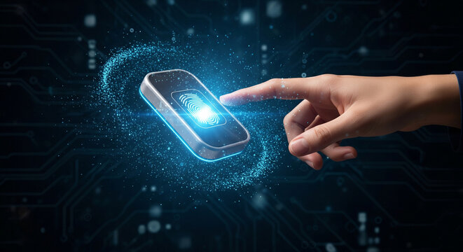 Close-up of a hand and device performing fingerprint authentication against a dark digital background