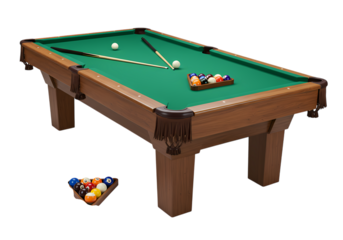 Classic Wood Pool Table with Balls and Cues isolated on transparent background