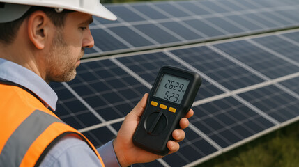 Technician measuring solar panel efficiency using digital meter device for renewable energy inspection sustainable electricity production and clean power technology concept