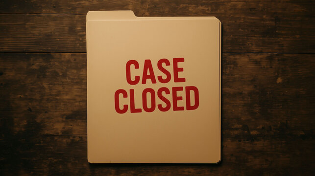 Case closed folder on wooden table with red text symbolizing investigation completed solved mystery resolved evidence crime document and legal justice concept