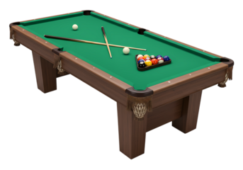 Professional Pool Table Photograph Dark Wood Green Felt Billiards Equipment isolated on transparent background