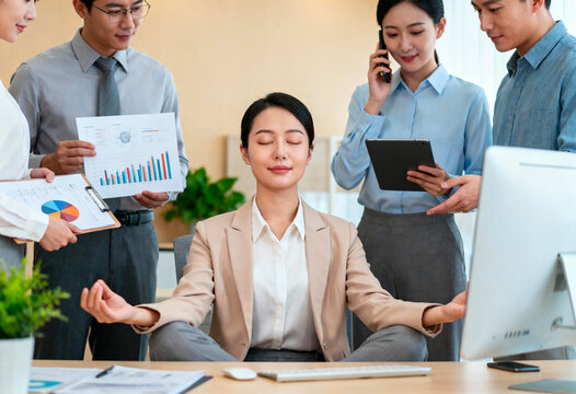 Asian businesswoman meditating at desk in busy office environment with coworkers showing charts, reports and using digital devices for work stress management, multitasking and workplace mindfulness