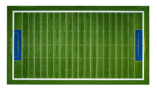 top view of american football grass field with white line isolated on white