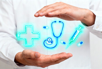 Healthcare professional with virtual medical icons, including stethoscope, syringe and cross for digital diagnosis, treatment and patient care innovation in modern technology