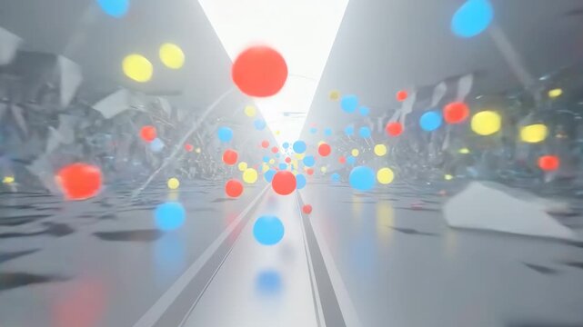 Colorful spheres floating in an abstract digital environment. Immersive cinematic journey through an evolving abstract mindscape