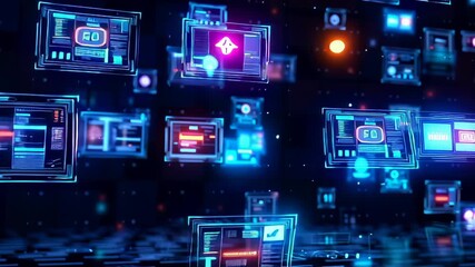 Immersive technological landscape with dynamic holographic interfaces floating in dark cyberspace, illuminated by vibrant blue and pink neon lights revealing complex data networks. - Powered by Adobe