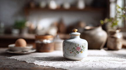 Fototapeta premium Elegant floral jar on lace, bathed in soft sunlight. Evokes nostalgia, domesticity, and delicate beauty. Perfect for lifestyle, food, and home decor.