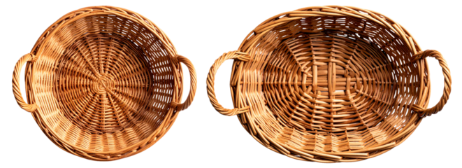 set of top view of empty wicker basket isolated on white