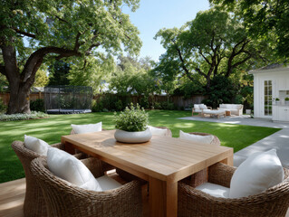 Wooden table and chairs inviting to relax in beautiful backyard