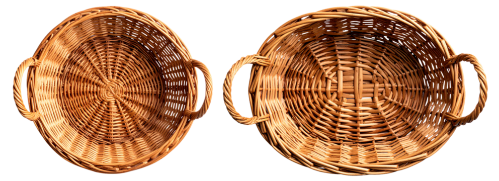 set of top view of empty wicker basket isolated on white