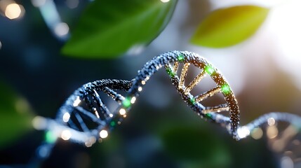 Glowing DNA molecule spiral structure with metallic shine and water drops against blurred green natural background, genetic research concept.