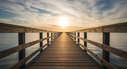 Obraz premium Serene Wooden Pier Extending into Calm Blue Lake Water at Sunrise