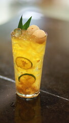 This drink is jasmine tea with lychee and aloe vera.