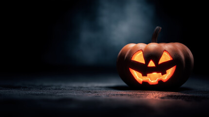 Halloween pumpkin with glowing face dark background