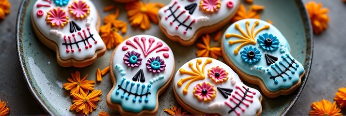 Colorful sugar skull cookies with floral design for dia de los muertos celebration