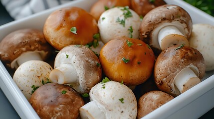 Fresh brown and white mushrooms garnished with chopped herbs in white container, close up view of raw champignons and button mushrooms ready for cooking.