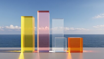 Colorful translucent rectangular prisms on a light gray surface overlooking a tranquil ocean