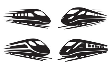 A set of icons depicting four high-speed trains, rendered in black and white with a motion effect. Each train is depicted in two versions: one with a closed nose and one with an open nose.