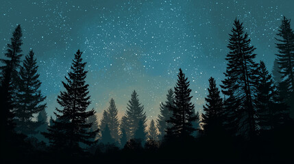 Pine forest silhouette with starry night sky nature