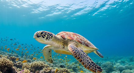 Sea turtle gracefully swimming in coral reef